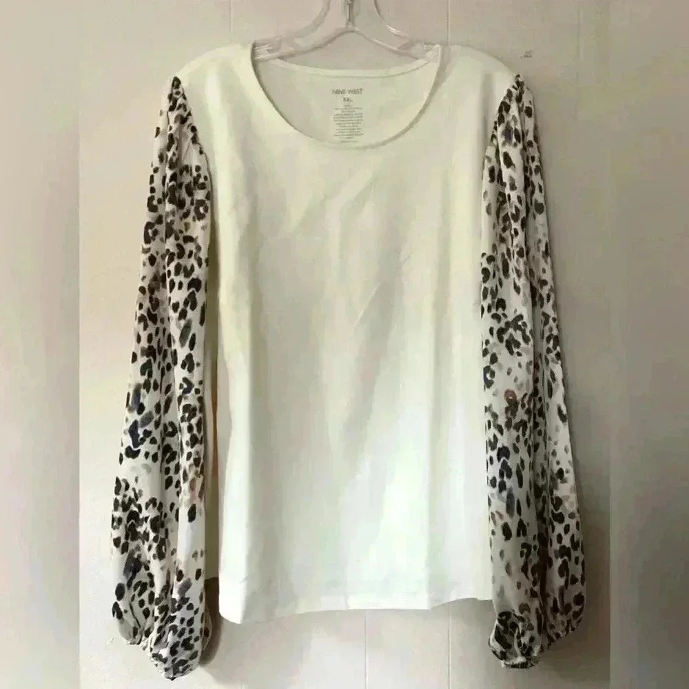 NWT Nine West leopard Puff Long Sleeve and cream Top Blouse size XXL